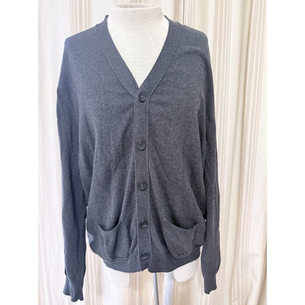 Charcoal Gray Cotton Grandpa Cardigan XL Button Front Pockets